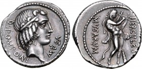 Q. Pomponius Musa AR Denarius. Rome, 66 BC. Diademed head of Apollo to right; Q•POMPONI downwards behind, MVSA upwards before / Hercules standing to r...