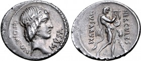 Q. Pomponius Musa AR Denarius. Rome, 66 BC. Diademed head of Apollo to right; Q•POMPONI downwards behind, MVSA upwards before / Hercules standing to r...