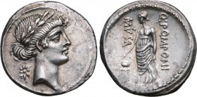 Q. Pomponius Musa AR Denarius. Rome, 66 BC. Laureate head of Apollo to right, star behind / Urania, the Muse of Astronomy, standing to left wearing lo...