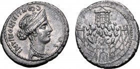 C. Considius Nonianus AR Denarius. Rome, 57 BC. Laureate and diademed bust of Venus to right; C•CONSIDI•NONIANI downwards behind, S•C before / Temple ...