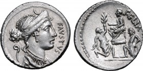 Faustus Cornelius Sulla AR Denarius. Rome, 56 BC. Draped bust of Diana to right, wearing diadem with crescent; lituus behind, FAVSTVS downwards before...