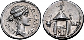 Q. Cassius Longinus AR Denarius. Rome, 55 BC. Head of Libertas to right; LIBERT upwards behind, Q•CASSIVS downwards before / Curule chair within templ...