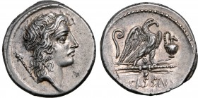 Q. Cassius Longinus AR Denarius. Rome, 55 BC. Head of Genius Populi Romani to right, sceptre behind / Eagle standing to right on winged thunderbolt; l...