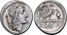 Q. Cassius Longinus AR Denarius. Rome, 55 BC. Head of Genius Populi Romani to right, sceptre behind / Eagle standing to right on winged thunderbolt; l...