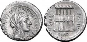 P. Fonteius P. f. Capito AR Denarius. Rome, 55 BC. P•FONTEIVS•CAPITO•III•VIR•CONCORDIA, diademed, veiled and draped head of Concordia to right / Villa...