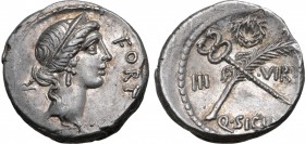 Q. Sicinius AR Denarius. Rome, 49 BC. Diademed head of Fortuna to right; [P]•R upwards behind, FORT before / Palm-branch and caduceus in saltire, laur...