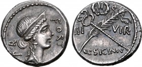 Q. Sicinius AR Denarius. Rome, 49 BC. Diademed head of Fortuna to right; P•R upwards behind, FORT before / Palm-branch and caduceus in saltire, laurel...