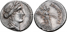 L. Hostilius Saserna AR Denarius. Rome, 48 BC. Female head to right, wearing laurel wreath / Victory walking to right, holding trophy over left should...