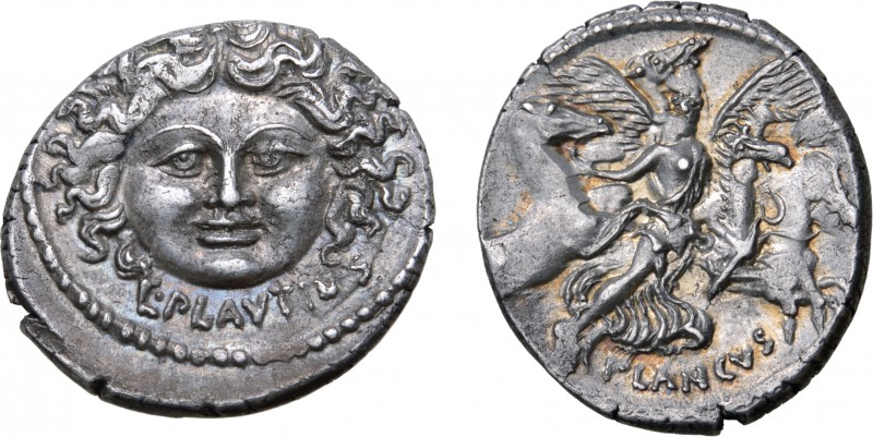 L. Plautius Plancus AR Denarius. Rome, 47 BC. Mask of Medusa facing; L•PLAVTIVS ...