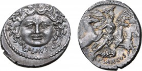 L. Plautius Plancus AR Denarius. Rome, 47 BC. Mask of Medusa facing; L•PLAVTIVS below / Aurora flying to right, head slightly to left, holding reins a...