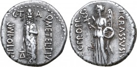 Q. Caecilius Metellus Pius Scipio AR Denarius. Utica, 47/46 BC. P. Licinius Crassus Junianus, legatus pro praetore. Q•METEL•PIVS on right, SCIPIO•IMP ...