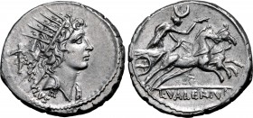 L. Valerius Acisculus AR Denarius. Rome, 45 BC. Radiate head of Sol to right; acisculus and ACISCVLVS downwards behind / Luna in biga galloping to rig...