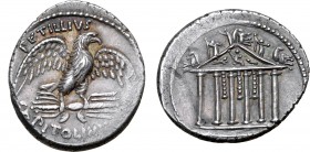 Petillius Capitolinus AR Denarius. Rome, 43 BC. Eagle, with wings spread, standing facing, head to right, on thunderbolt; PETILLIVS CAPITOLINVS around...
