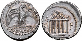 Petillius Capitolinus AR Denarius. Rome, 43 BC. Eagle, with wings spread, standing facing, head to right, on thunderbolt; PETILLIVS CAPITOLINVS around...
