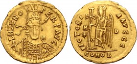 Ostrogoths, Odovacar AV Solidus. In the name of Zeno. Mediolanum mint, circa AD 476-493. D N ZENO PERP AVG, pearl-diademed, helmeted and cuirassed bus...