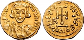 Lombards, Beneventum. Romoald II AV Tremissis. In the name of Justinian II. AD 706-731. D N IVSTINIYNV, crowned and draped bust of Justinian facing, h...