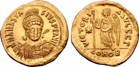 Anastasius I AV Solidus. Constantinople, AD 498-518. D N ANASTASIVS P P AVI, helmeted and cuirassed bust three-quarters facing, holding spear over rig...