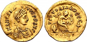 Anastasius I AV Semissis. Constantinople, AD 498-518. D N ANASTASIVS P P AVC, pearl-diademed and cuirassed bust to right, wearing paludamentum / VICTO...