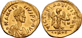 Anastasius I AV Tremissis. Constantinople, AD 492-518. D N ANASTSIVS P P AVC (sic), pearl-diademed and cuirassed bust to right, wearing paludamentum /...