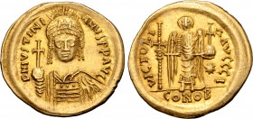 Justinian I AV Solidus. Carthage, dated indiction year 10 = AD 546/7. D N IVSTINIANVS P P AVG, helmeted and cuirassed bust facing, holding globus cruc...