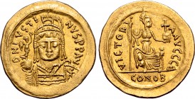 Justin II AV Solidus. Carthage, AD 565-578. D N IVSTINVS P P AV, helmeted and cuirassed bust facing, holding globus surmounted by crowning Victory and...