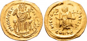 Maurice Tiberius AV Solidus. Constantinople, Consular issue of AD 602. D N MAVRC TЬ P P AVG, Maurice Tiberius enthroned facing, crowned and wearing co...