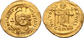 Maurice Tiberius AV Solidus. Constantinople, AD 583-602. D N MAVRC TIЬ P P AVI, helmeted and cuirassed bust facing, wearing paludamentum, holding glob...