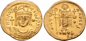Maurice Tiberius AV Lightweight Solidus. Constantinople, AD 583-602. ∂ N MAVRC ƮIЬ P P AVI, helmeted, draped and cuirassed bust facing, holding globus...
