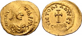 Maurice Tiberius AV Tremissis. Carthage or Sicilian mint, dated IY 10 = AD 591/2. O N MAVR[IC] TIЬ P P AC (sic), pearl-diademed and cuirassed bust to ...