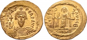 Phocas AV Solidus. Constantinople, AD 603-607. ∂N FOCAS PЄRP AVG, draped and cuirassed bust facing, holding globus cruciger, wearing crown without pen...