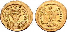 Phocas AV Solidus. Constantinople, AD 603-607. ∂ N FOCAS PЄRP AVC, draped and cuirassed bust facing, holding globus cruciger, wearing crown without pe...