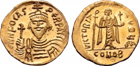 Phocas AV Solidus. Constantinople, AD 607-610. ∂ N FOCAS PЄRP AVI, draped and cuirassed bust facing, holding globus cruciger, wearing crown without pe...