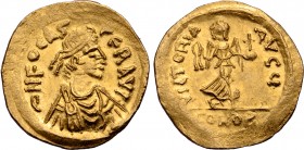 Phocas AV Semissis. Constantinople, AD 607-610. ∂ N FOCAS PЄR AVI, diademed, draped, and cuirassed bust to right / VICTORIA AVςЧ, Victory advancing to...