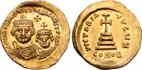Heraclius, with Heraclius Constantine, AV Solidus. Constantinople, circa AD 613-616. ∂∂ NN ҺЄRACLIVS ЄƮ ҺЄRA CONSƮ PP AV, facing busts of Heraclius an...