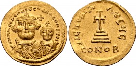 Heraclius, with Heraclius Constantine, AV Solidus. Constantinople, circa AD 616-625. ∂∂ NN ҺЄRACLIЧS ЄƮ ҺЄRA CONST P P A, facing busts of Heraclius an...