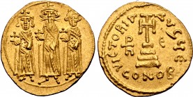 Heraclius, with Heraclius Constantine and Heraclonas, AV Solidus. Constantinople, circa AD 639-641. Heraclius, with long beard and moustache, flanked ...