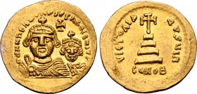 Heraclius, with Heraclius Constantine, AV Solidus. Uncertain eastern mint (Alexandria?), AD 613-618. ∂∂ NN ҺЄRACIIЧS ЄƮ ҺRA CONST P, facing busts of H...
