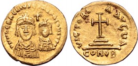 Heraclius, with Heraclius Constantine, AV Solidus. Carthage(?), circa AD 612-627. D N N ҺЄRACLIVS ЄT ҺЄRA CONST P P, crowned and draped facing busts o...