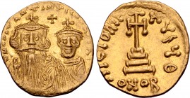 Constans II, with Constantine IV, AV Solidus. Constantinople, AD 654-659. ∂ N CONSƮANƮINЧS C CONSƮANƮIN, crowned facing busts of Constans on left, wit...