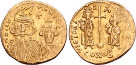 Constans II, with Constantine IV, Heraclius, and Tiberius, AV Solidus. Constantinople, AD 659-661. ∂ N CONSƮAN CN.., crowned and facing busts of Const...