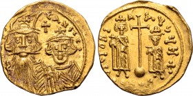 Constans II, with Constantine IV, Heraclius, and Tiberius, AV Solidus. Constantinople, AD 659-662. ∂ N COИƮANIƮ, crowned and facing busts of Constans,...