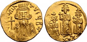 Constans II AV Solidus. Constantinople, circa AD 663-668. VICTORIA AVςЧ B ⧾, crowned and draped bust facing, with long beard and moustache, holding gl...