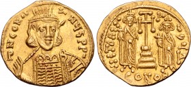 Constantine IV AV Solidus. Constantinople, AD 668-673. ∂ N CONSƮANЧS P P-, helmeted and cuirassed bust facing slightly to right, holding spear and shi...