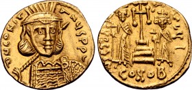 Constantine IV AV Solidus. Constantinople, AD 668-673. ∂ N CONSƮᓂNЧS P P-, helmeted and cuirassed bust facing slightly to right, holding spear and shi...