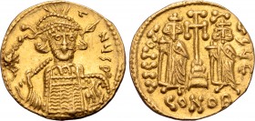 Constantine IV AV Solidus. Constantinople, AD 674-681. [..]ƮNЧS P, helmeted and cuirassed bust facing slightly to right, holding spear and shield deco...