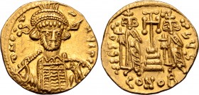 Constantine IV AV Solidus. Constantinople, AD 674-681. ∂ N CƮANЧS P P, helmeted and cuirassed bust facing slightly to right, holding spear and shield ...