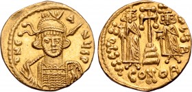Constantine IV AV Solidus. Constantinople, AD 674-681. ∂ N CANЧS P, helmeted and cuirassed bust facing slightly to right, holding spear and shield dec...