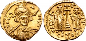 Constantine IV AV Solidus. Constantinople, AD 674-681. ∂ N COANЧS PP, helmeted and cuirassed bust facing slightly to right, holding spear and shield d...