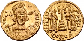 Constantine IV AV Solidus. Constantinople, AD 674-681. ∂ N CTNЧS P, helmeted and cuirassed bust facing slightly to right, holding spear and shield dec...