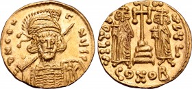 Constantine IV AV Solidus. Constantinople, AD 674-681. ∂ N CONTNЧS P, helmeted and cuirassed bust facing slightly to right, holding spear and shield d...